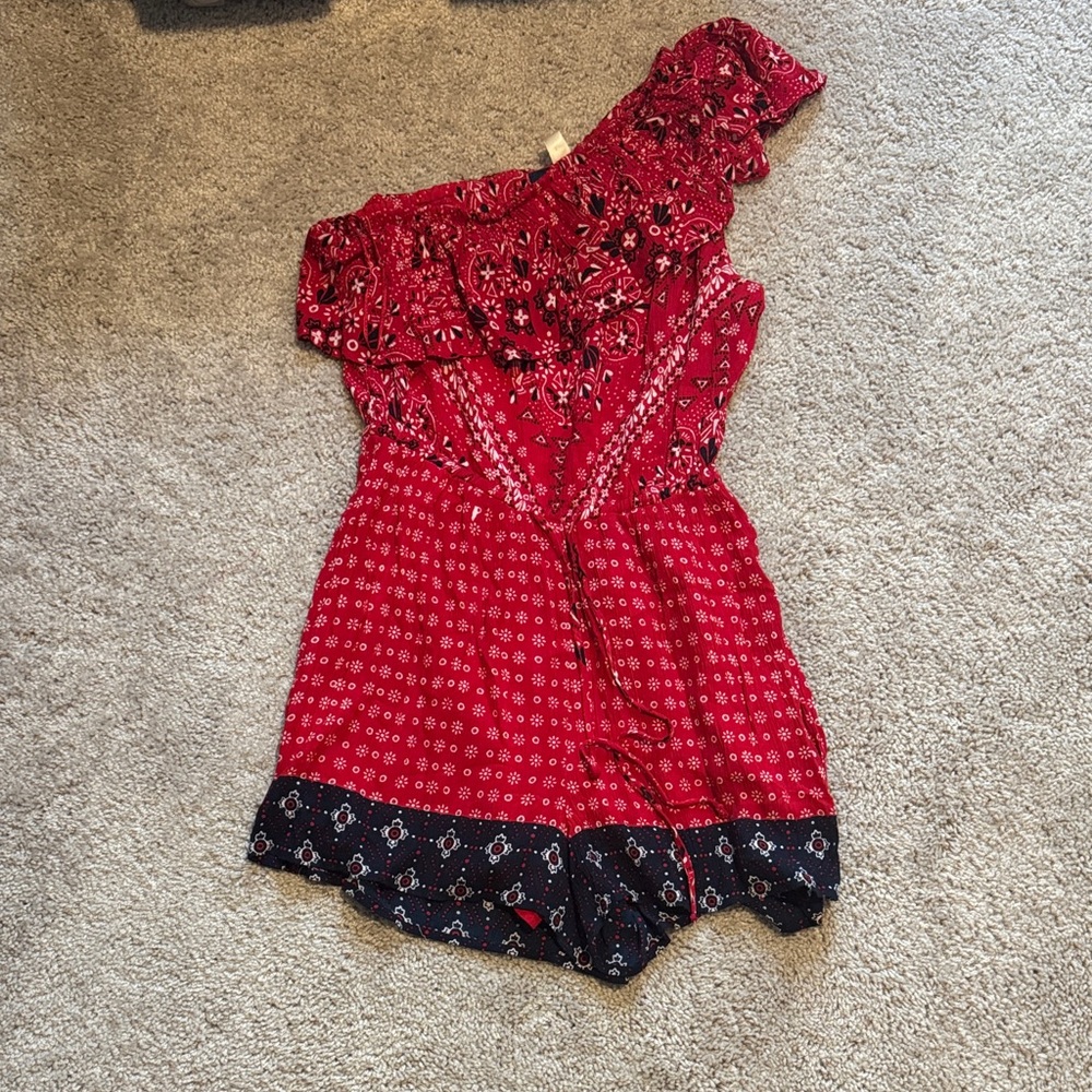 Blue Rain (Francesca’s) Red and Blue Off-Shoulder Romper